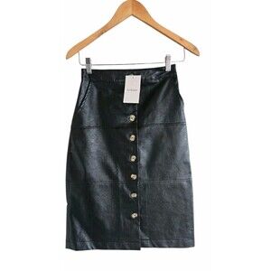 Bohme Faux Leather Skirt Women's XS Black Button Front Knee Length NWT